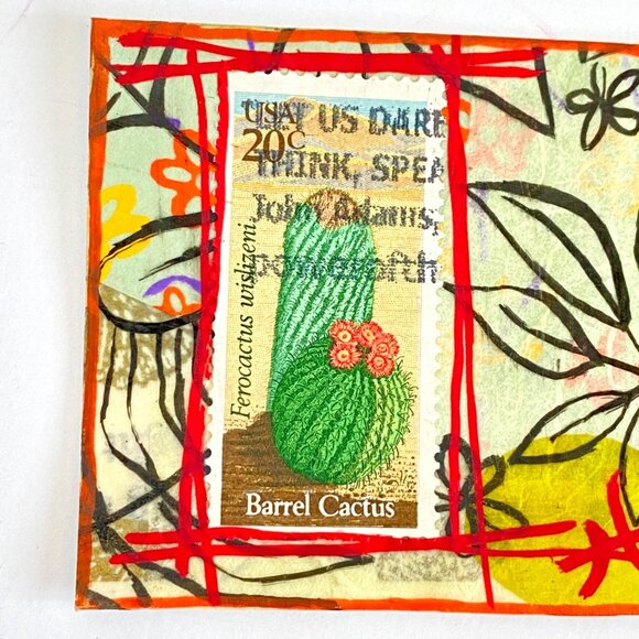 ACEO Original Mixed Media Art 1981 USA Barrel Cactus Plant Postage Stamp ATC - Picture 2 of 4